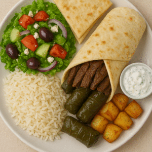 4 dolmades, rice, roast potatoes, Greek salad, pita bread and tzatziki sauce