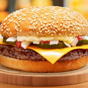 Jalapeno lime sauce, mustard, ranch sauce, beef patty with seasoning, cheese slice, tomato, pickles, onions, lettuce